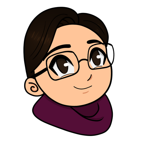 Chibi illustration of a female with brown hair tied back, glasses, and a cowl-wrapped scarf